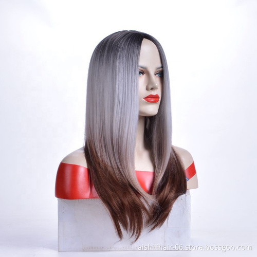 Wholesale Natural Long Silky Straight Silver Grey Synthetic Lace Front Wig For White Women
